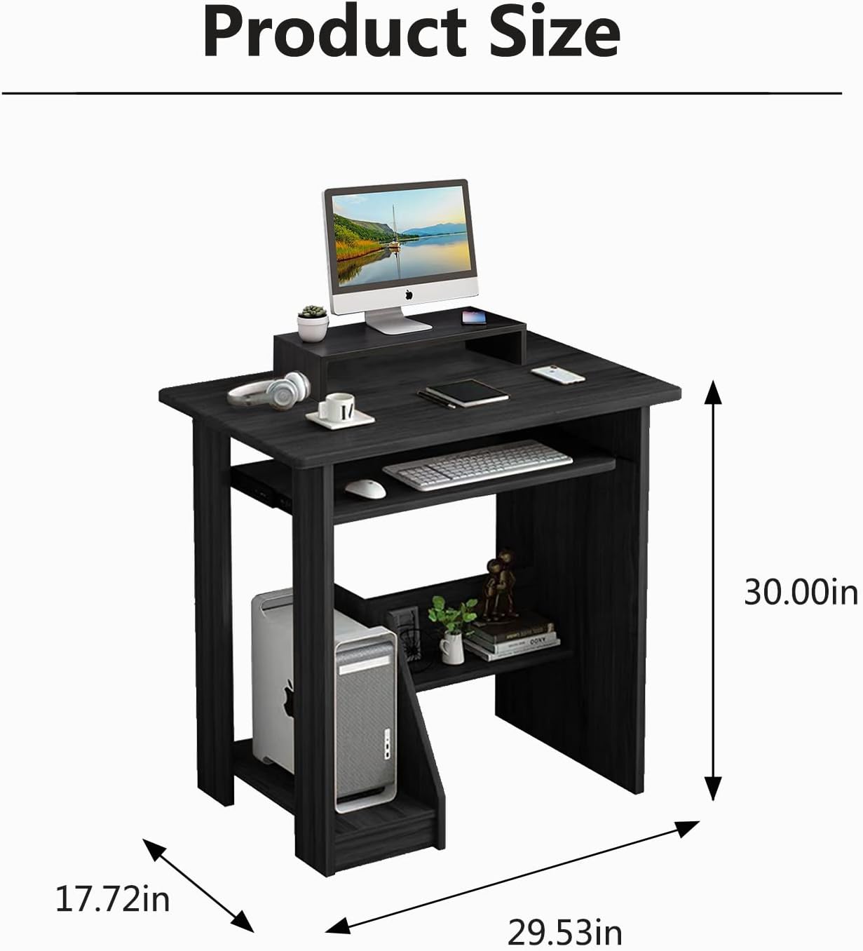 ALISENED Home Office Computer Desk with Monitor Stand Keyboard Tray， 29.5 Inch Study Writing Desk Small PC Laptop Table with Storage Shelves， Modern Workstation for Small Spaces Save Space - Image 3